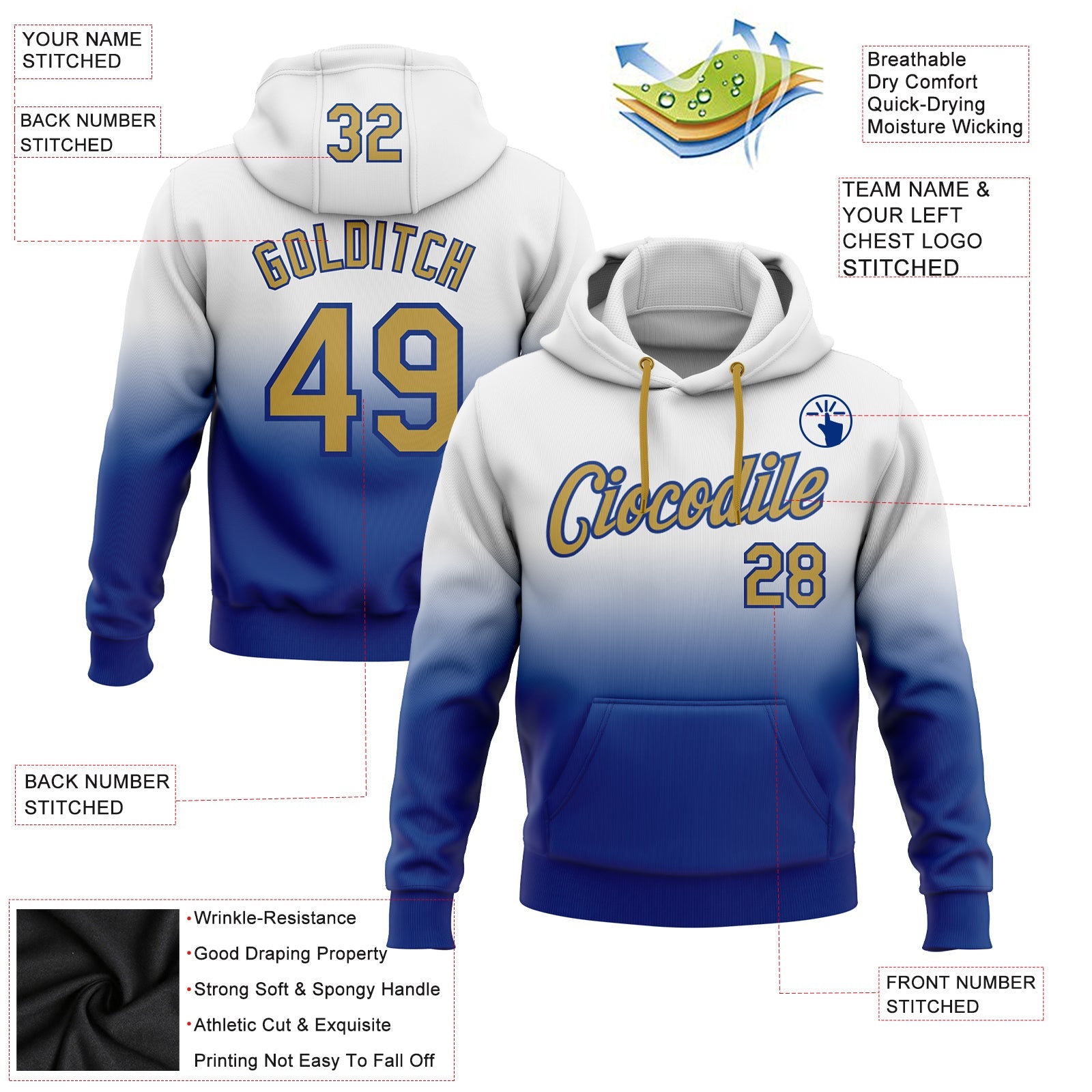 Custom Stitched White Old Gold-Royal Fade Fashion Sports Pullover Sweatshirt Hoodie view 2