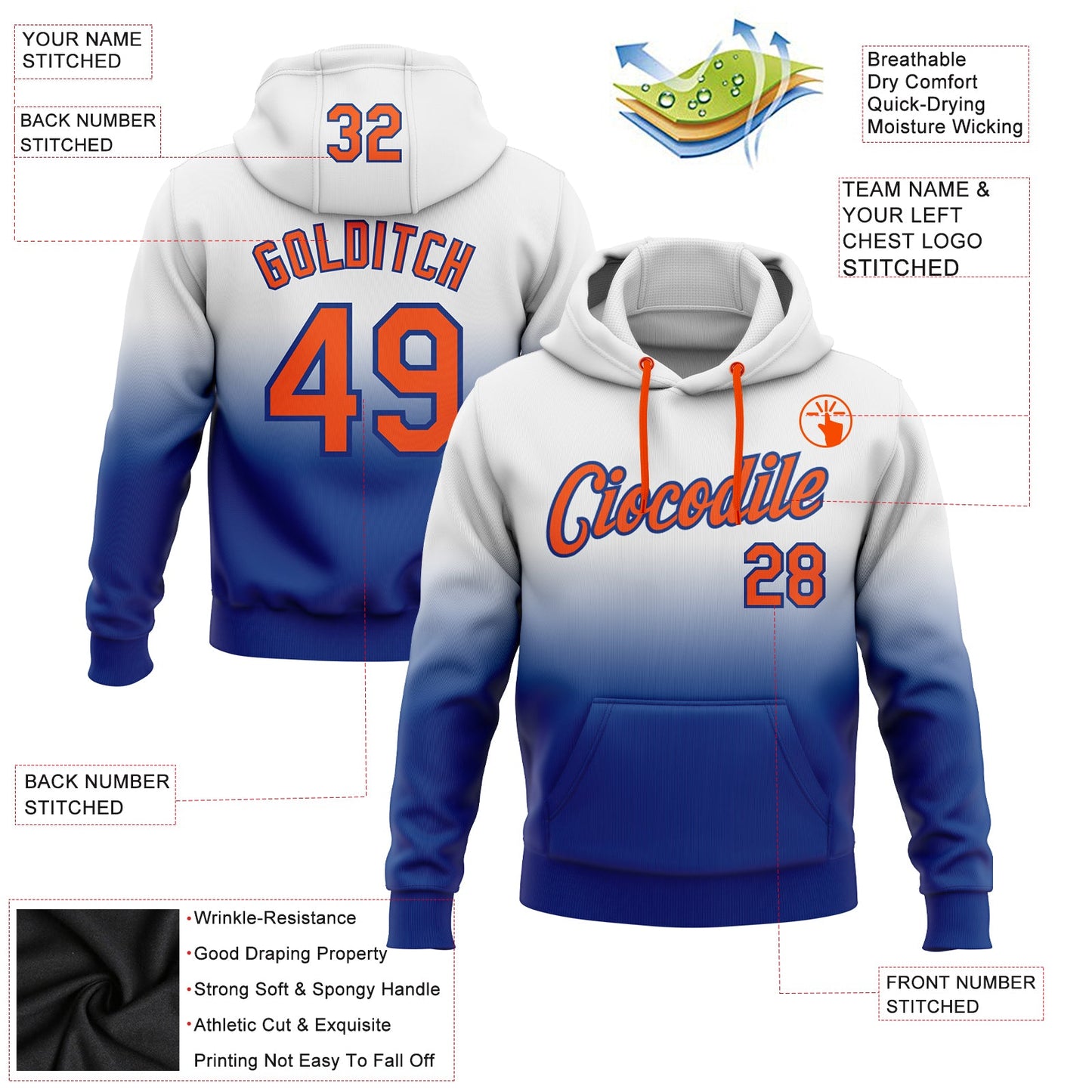 Custom Stitched White Orange-Royal Fade Fashion Sports Pullover Sweatshirt Hoodie view 2