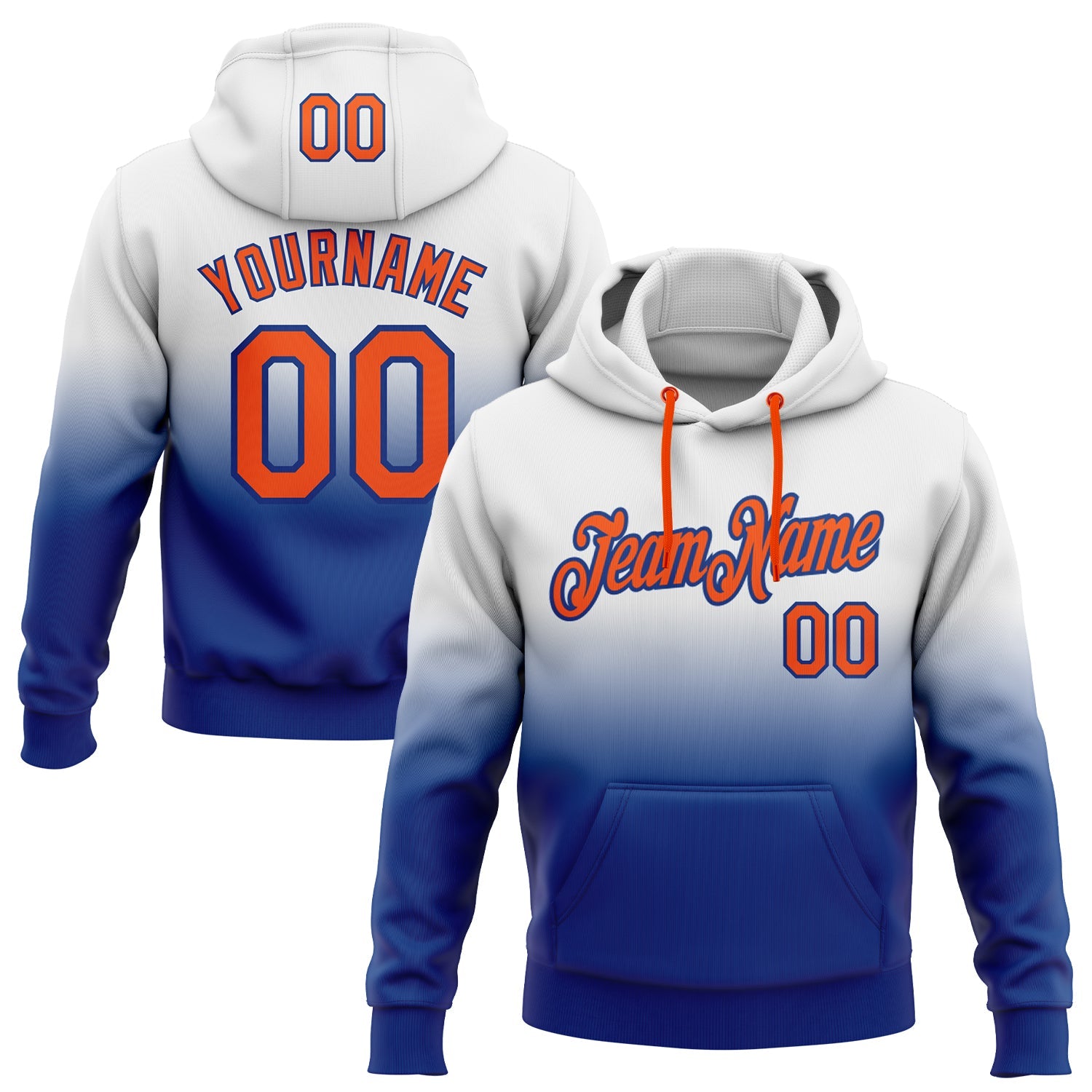 Custom Stitched White Orange-Royal Fade Fashion Sports Pullover Sweatshirt Hoodie - Main View