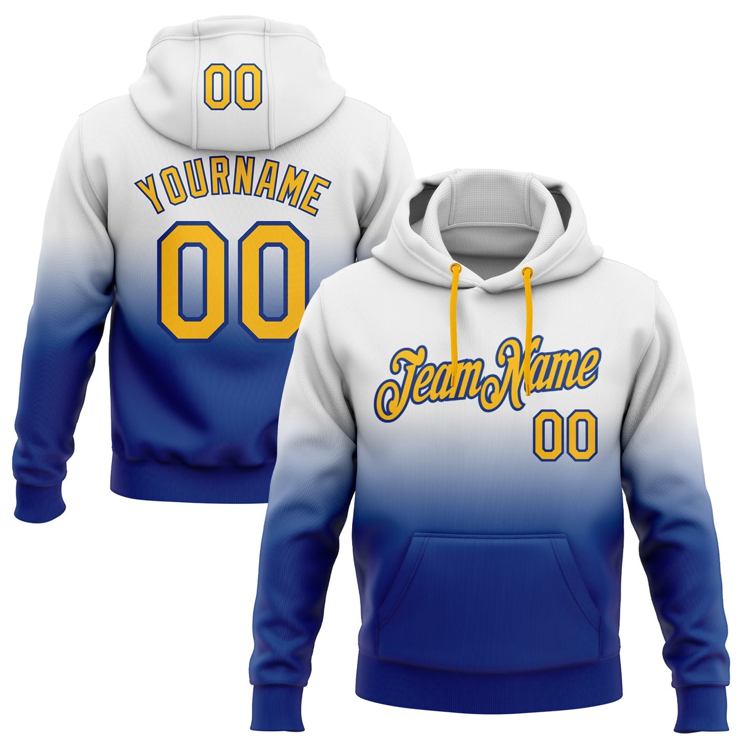 Custom Stitched White Gold-Royal Fade Fashion Sports Pullover Sweatshirt Hoodie - Main View