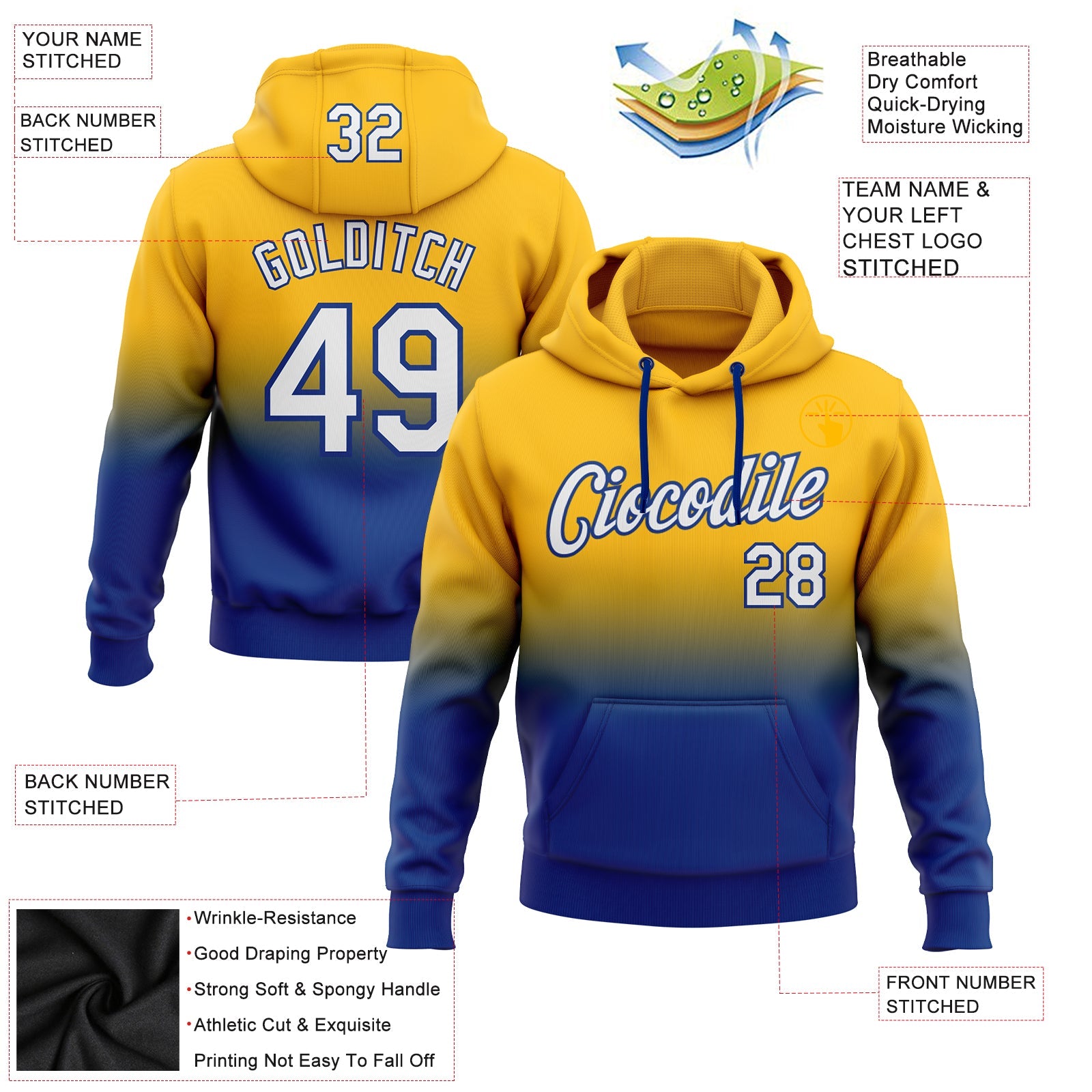 Custom Stitched Gold White-Royal Fade Fashion Sports Pullover Sweatshirt Hoodie view 2