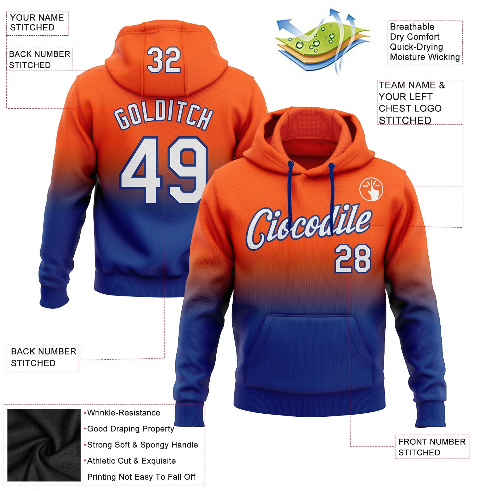 Custom Stitched Orange White-Royal Fade Fashion Sports Pullover Sweatshirt Hoodie view 2
