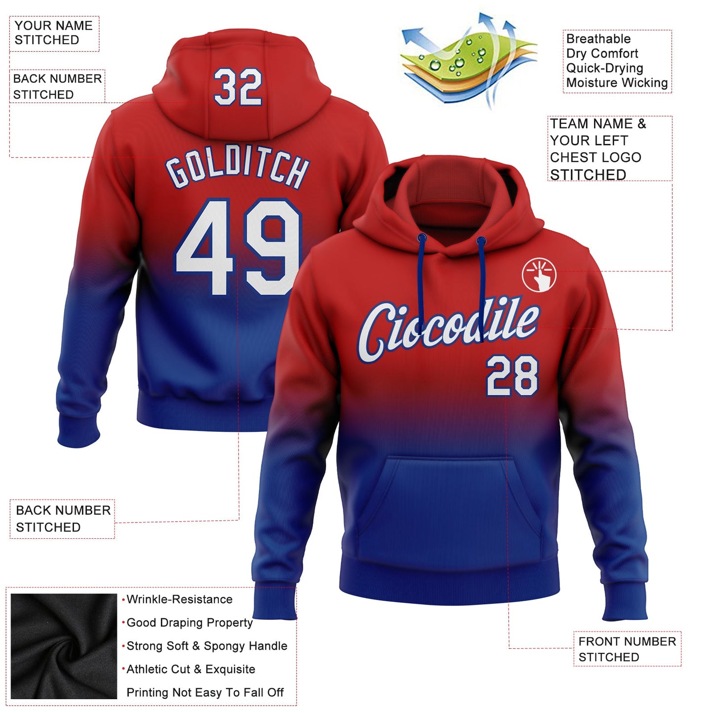 Custom Stitched Red White-Royal Fade Fashion Sports Pullover Sweatshirt Hoodie view 2