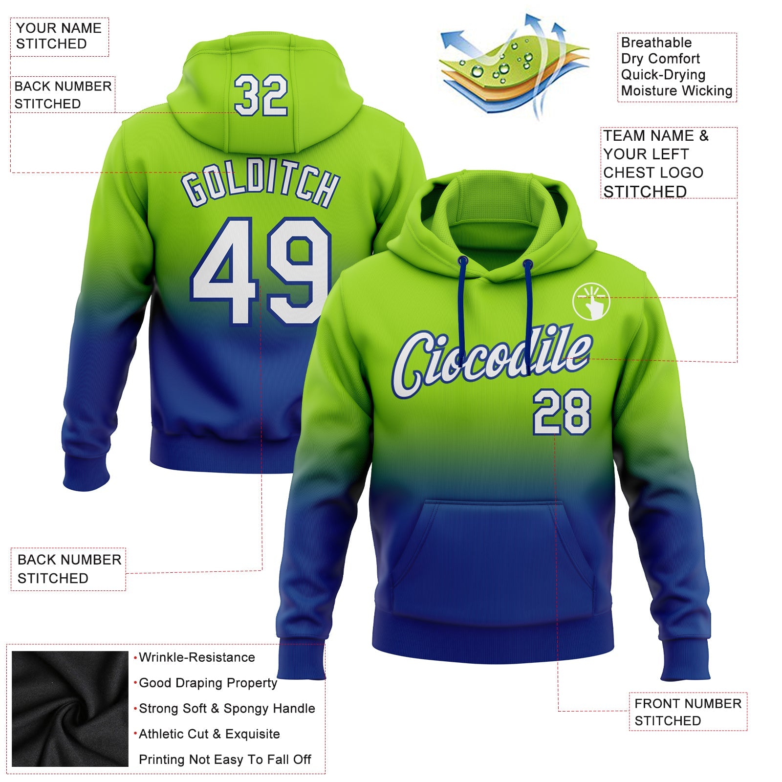 Custom Stitched Neon Green White-Royal Fade Fashion Sports Pullover Sweatshirt Hoodie view 2