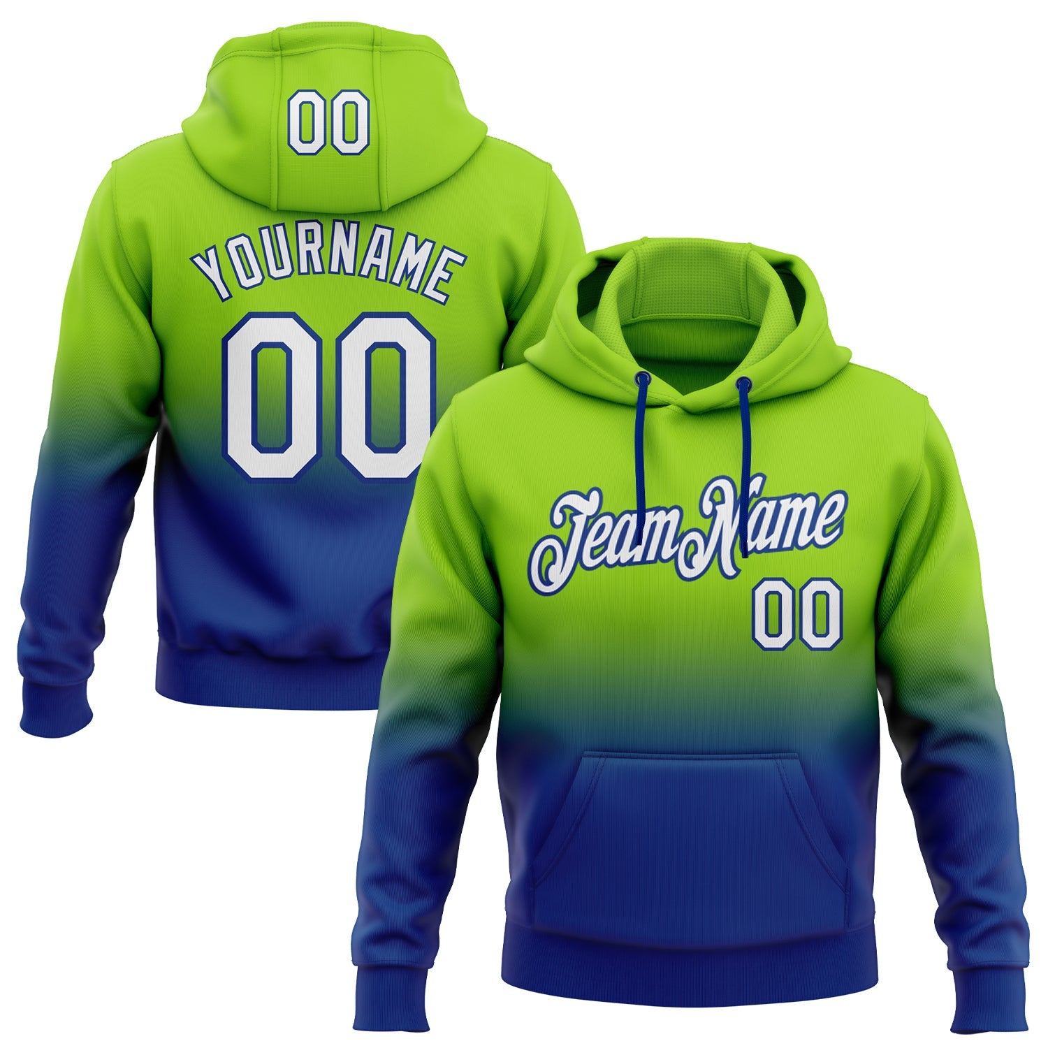 Custom Stitched Neon Green White-Royal Fade Fashion Sports Pullover Sweatshirt Hoodie - Main View