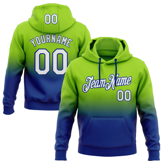 Custom Stitched Neon Green White-Royal Fade Fashion Sports Pullover Sweatshirt Hoodie - Main View