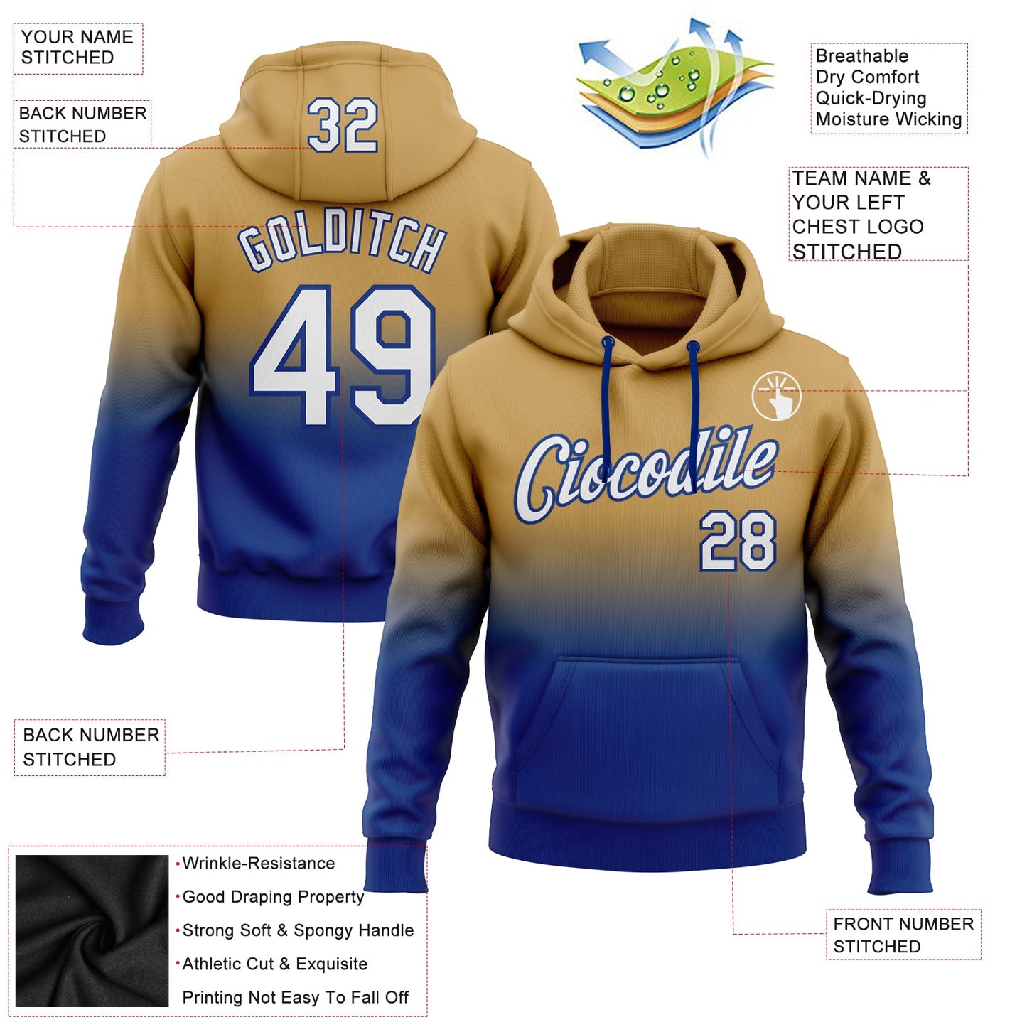 Custom Stitched Old Gold White-Royal Fade Fashion Sports Pullover Sweatshirt Hoodie view 2