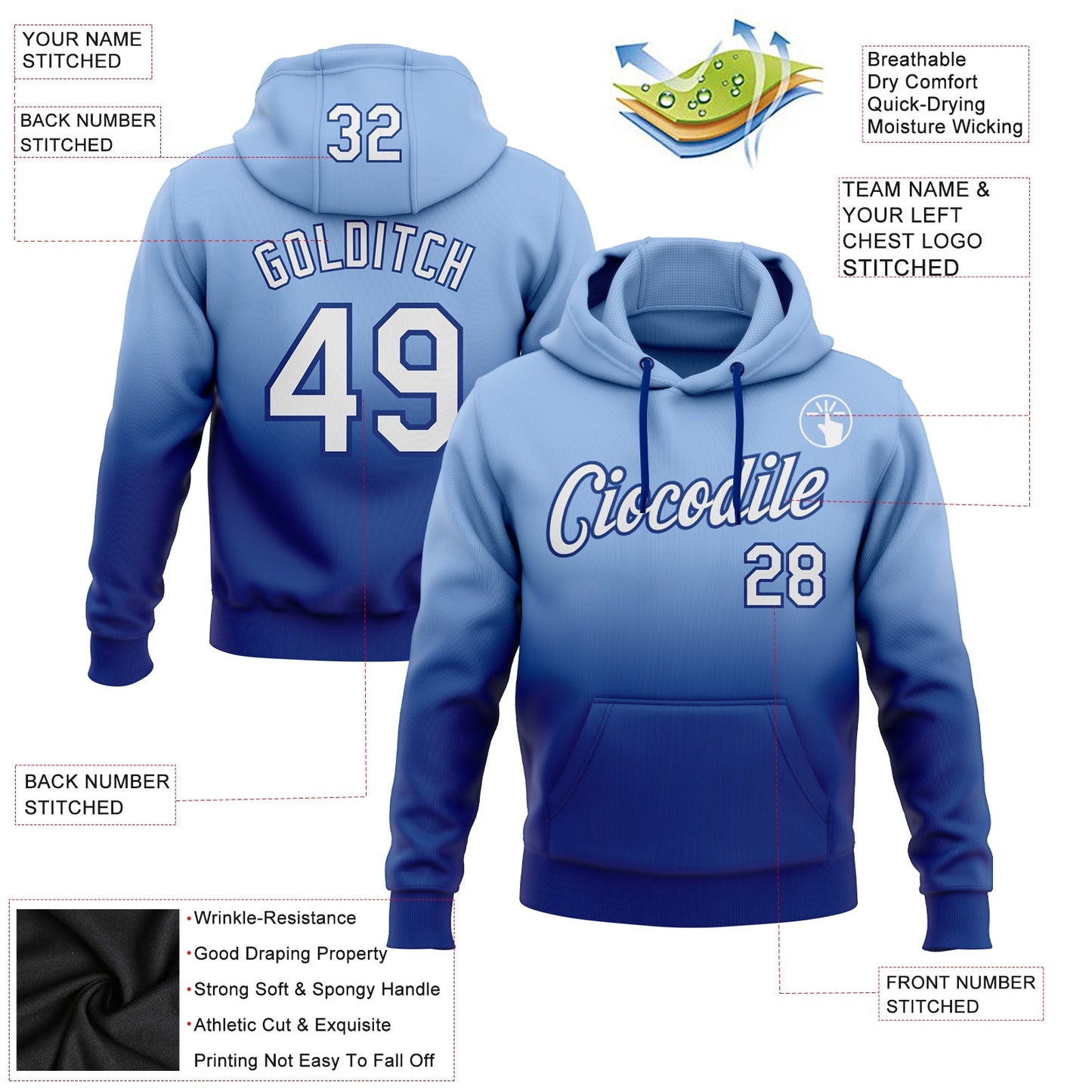 Custom Stitched Light Blue White-Royal Fade Fashion Sports Pullover Sweatshirt Hoodie view 2
