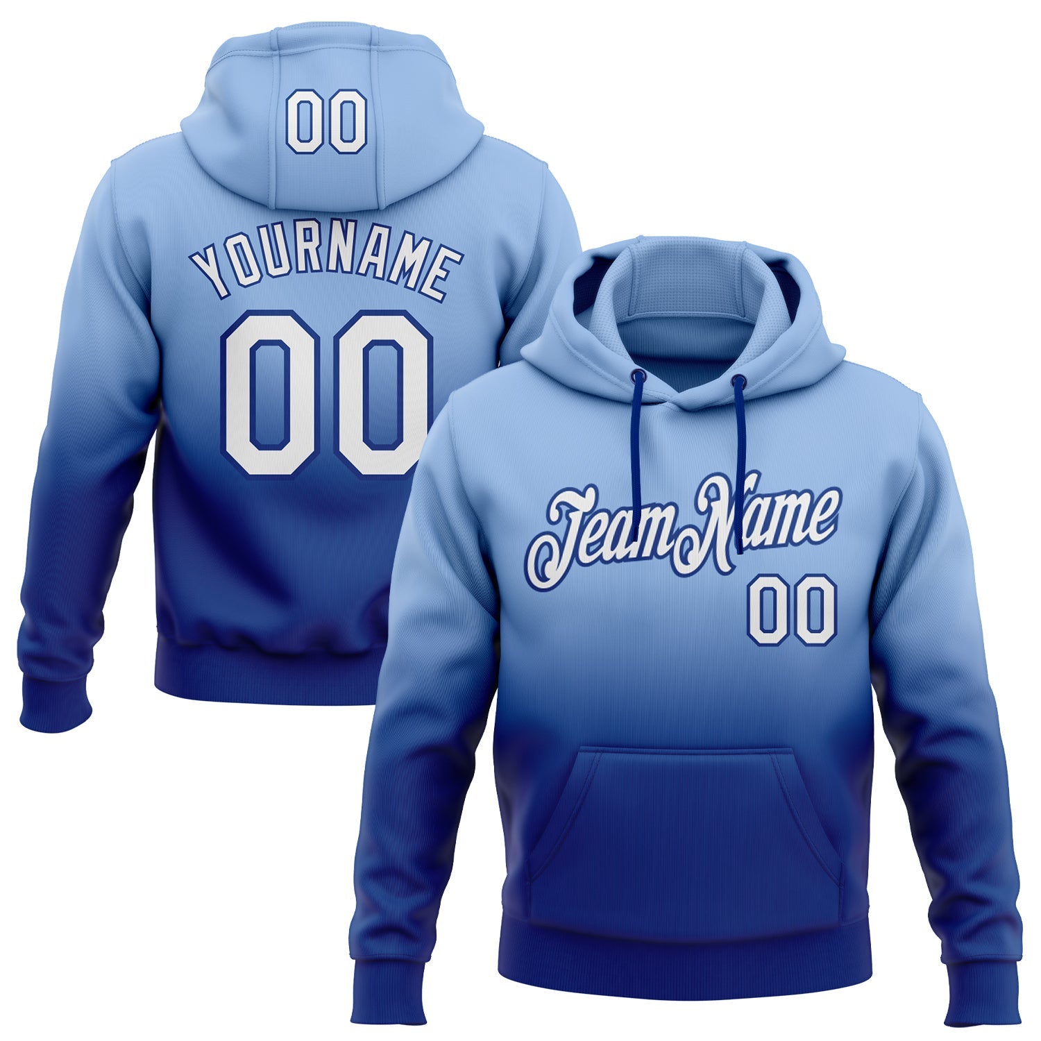 Custom Stitched Light Blue White-Royal Fade Fashion Sports Pullover Sweatshirt Hoodie - Main View