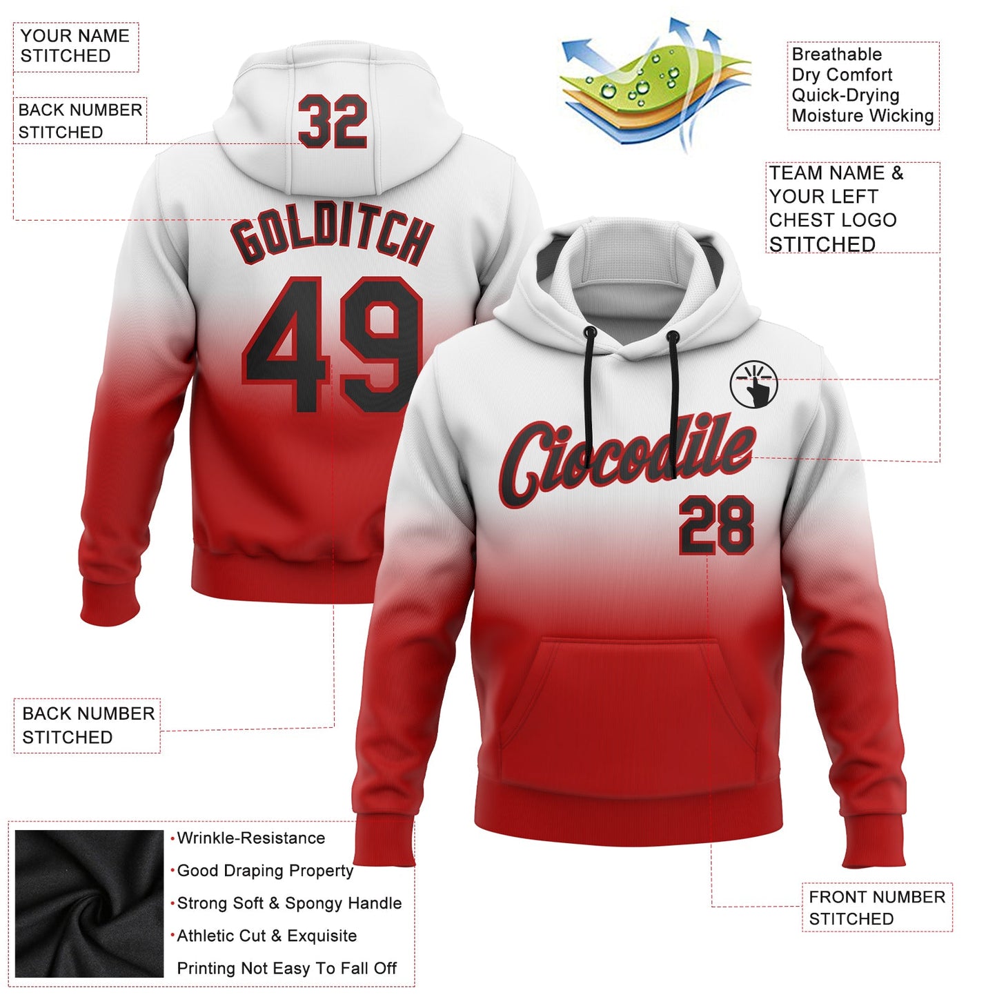 Custom Stitched White Black-Red Fade Fashion Sports Pullover Sweatshirt Hoodie view 2