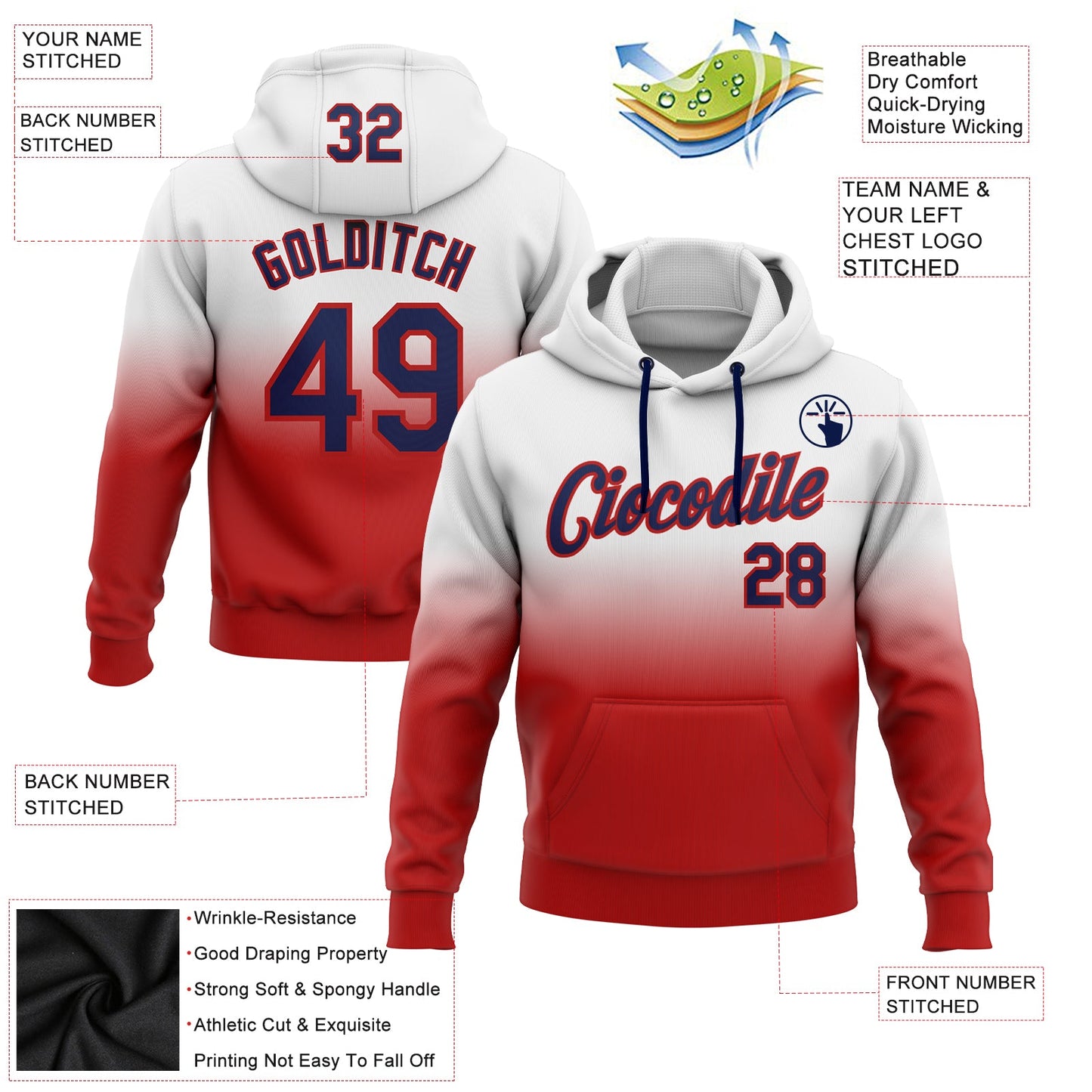 Custom Stitched White Navy-Red Fade Fashion Sports Pullover Sweatshirt Hoodie view 2
