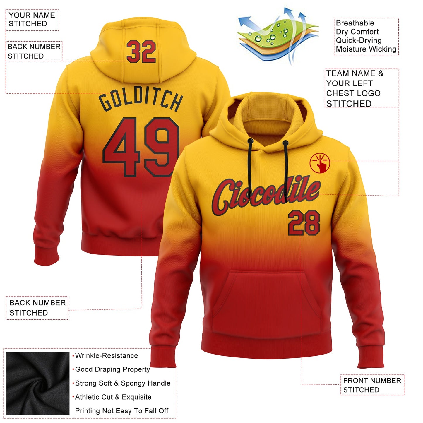 Custom Stitched Gold Red-Black Fade Fashion Sports Pullover Sweatshirt Hoodie view 2