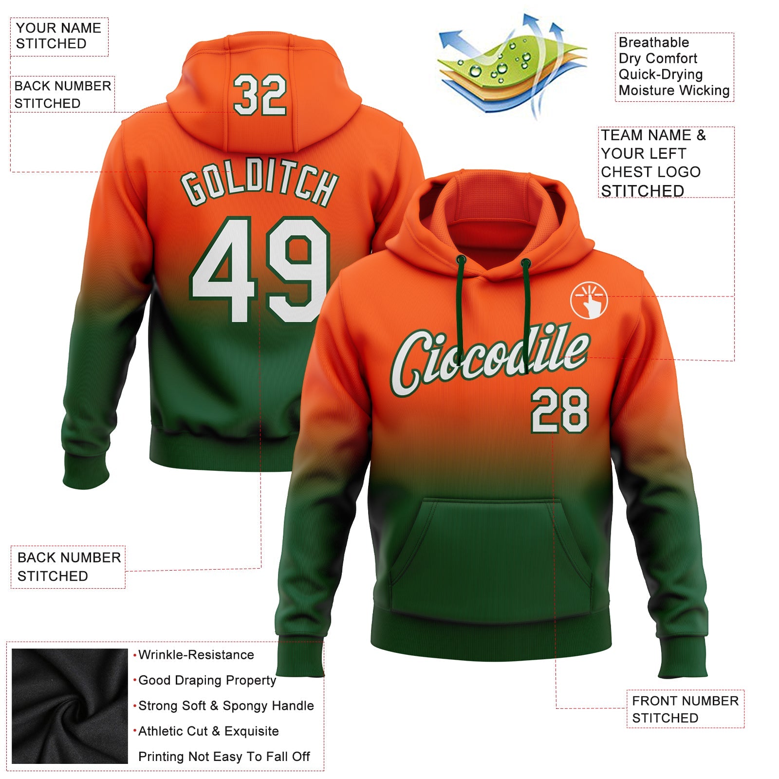 Custom Stitched Orange White-Green Fade Fashion Sports Pullover Sweatshirt Hoodie view 3