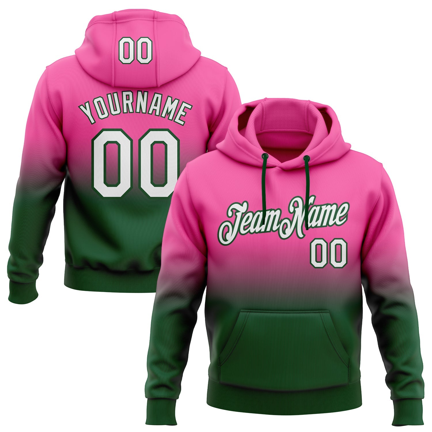 Custom Stitched Pink White-Green Fade Fashion Sports Pullover Sweatshirt Hoodie - Main View