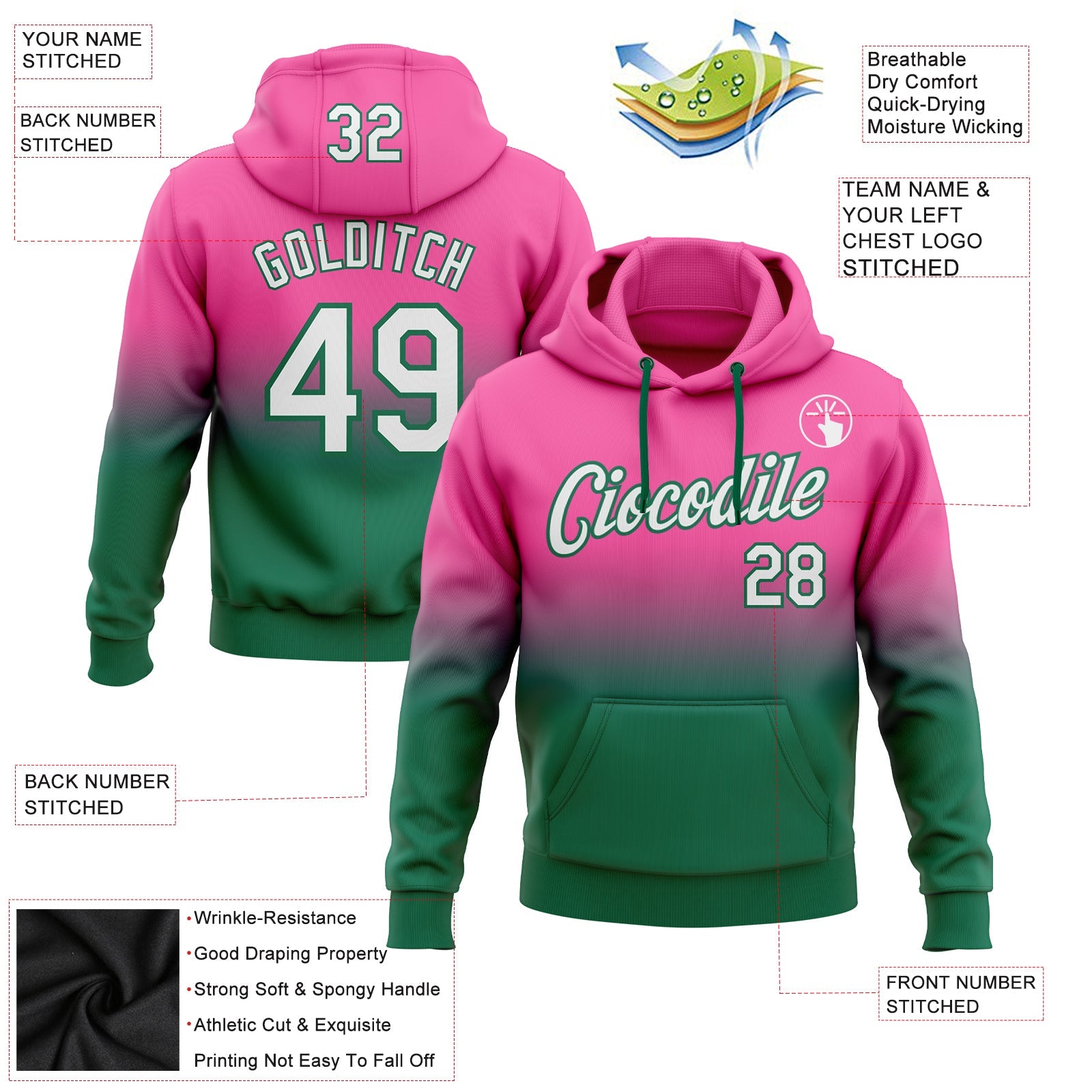 Custom Stitched Pink White-Kelly Green Fade Fashion Sports Pullover Sweatshirt Hoodie view 2