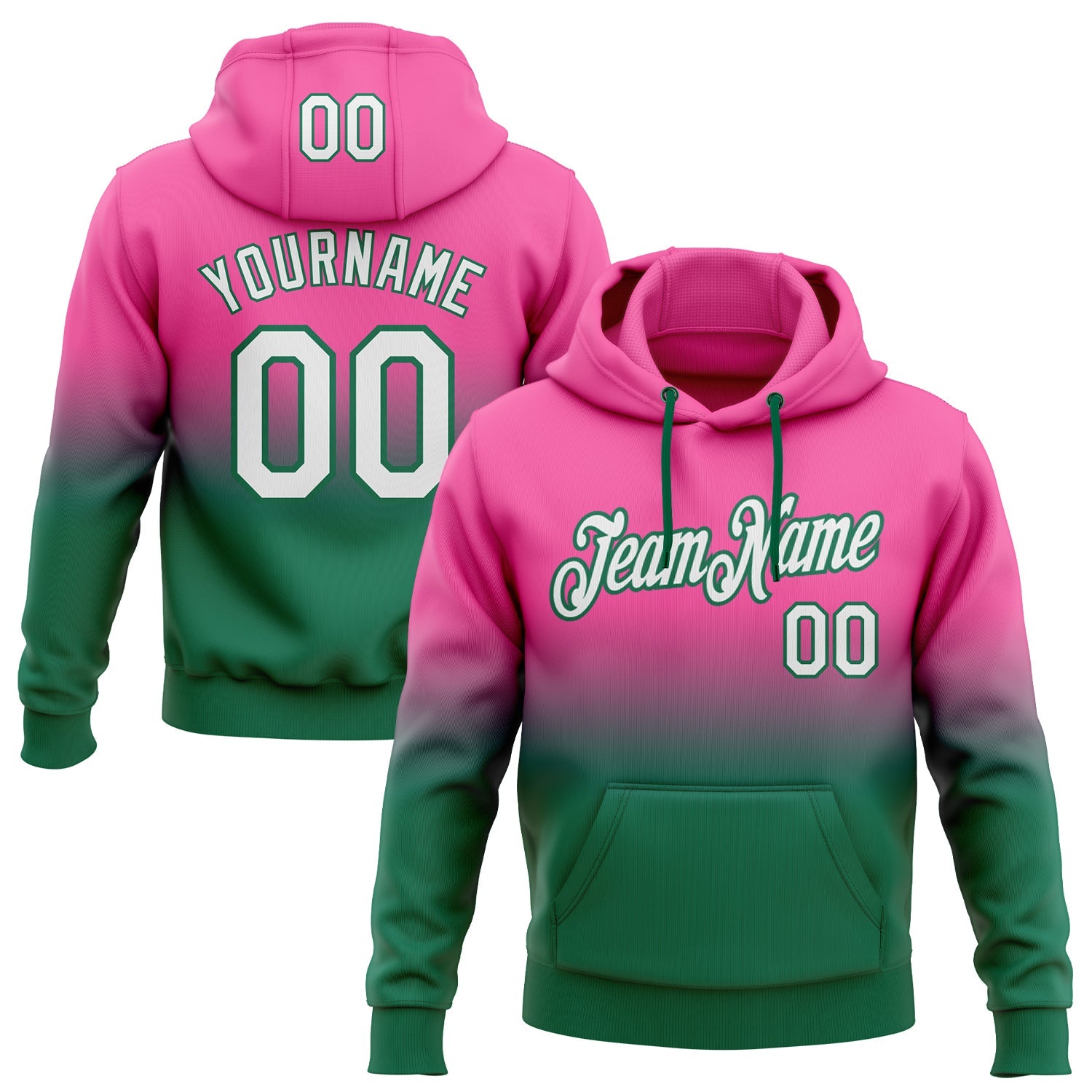 Custom Stitched Pink White-Kelly Green Fade Fashion Sports Pullover Sweatshirt Hoodie - Main View