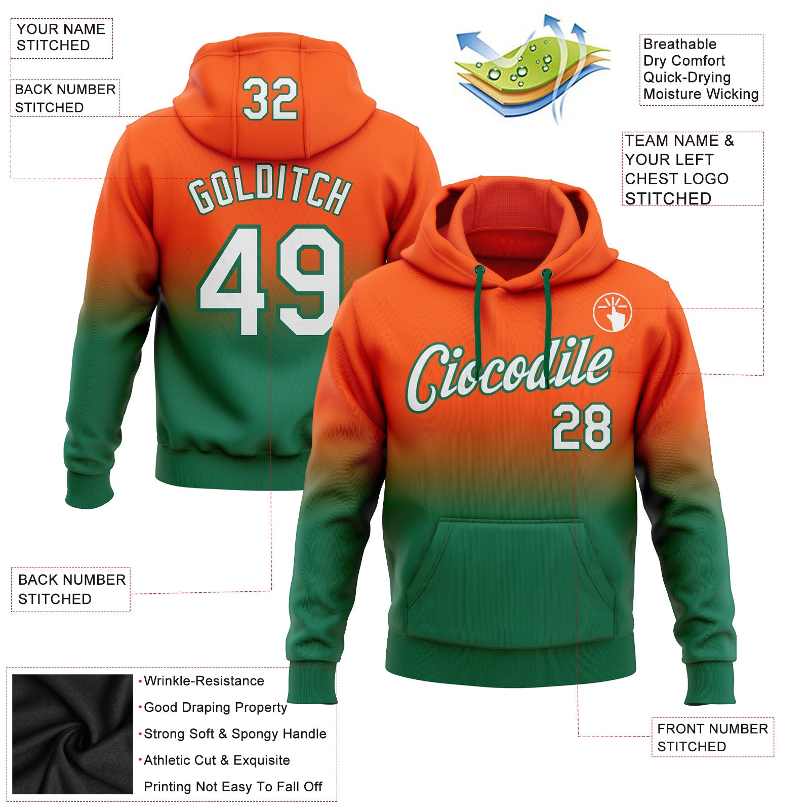 Custom Stitched Orange White-Kelly Green Fade Fashion Sports Pullover Sweatshirt Hoodie view 2