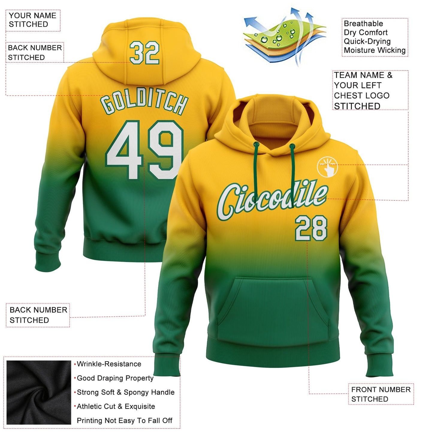 Custom Stitched Gold White-Kelly Green Fade Fashion Sports Pullover Sweatshirt Hoodie view 2