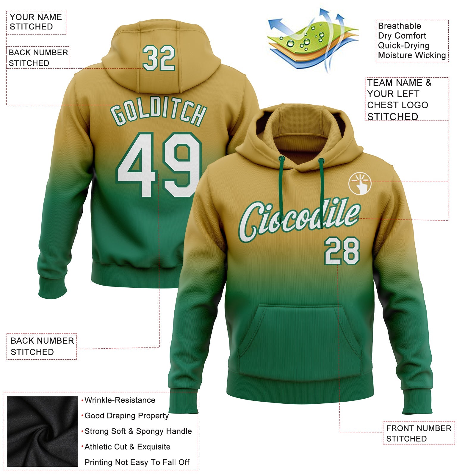 Custom Stitched Old Gold White-Kelly Green Fade Fashion Sports Pullover Sweatshirt Hoodie view 2