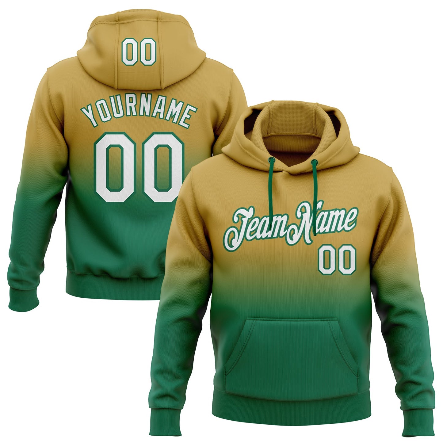 Custom Stitched Old Gold White-Kelly Green Fade Fashion Sports Pullover Sweatshirt Hoodie - Main View