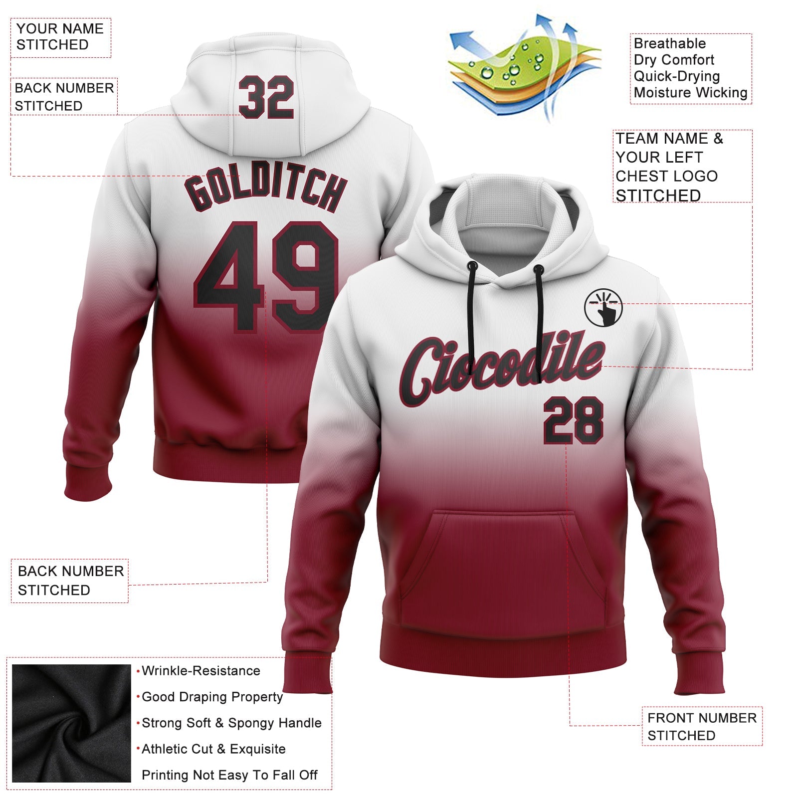 Custom Stitched White Black-Crimson Fade Fashion Sports Pullover Sweatshirt Hoodie view 2