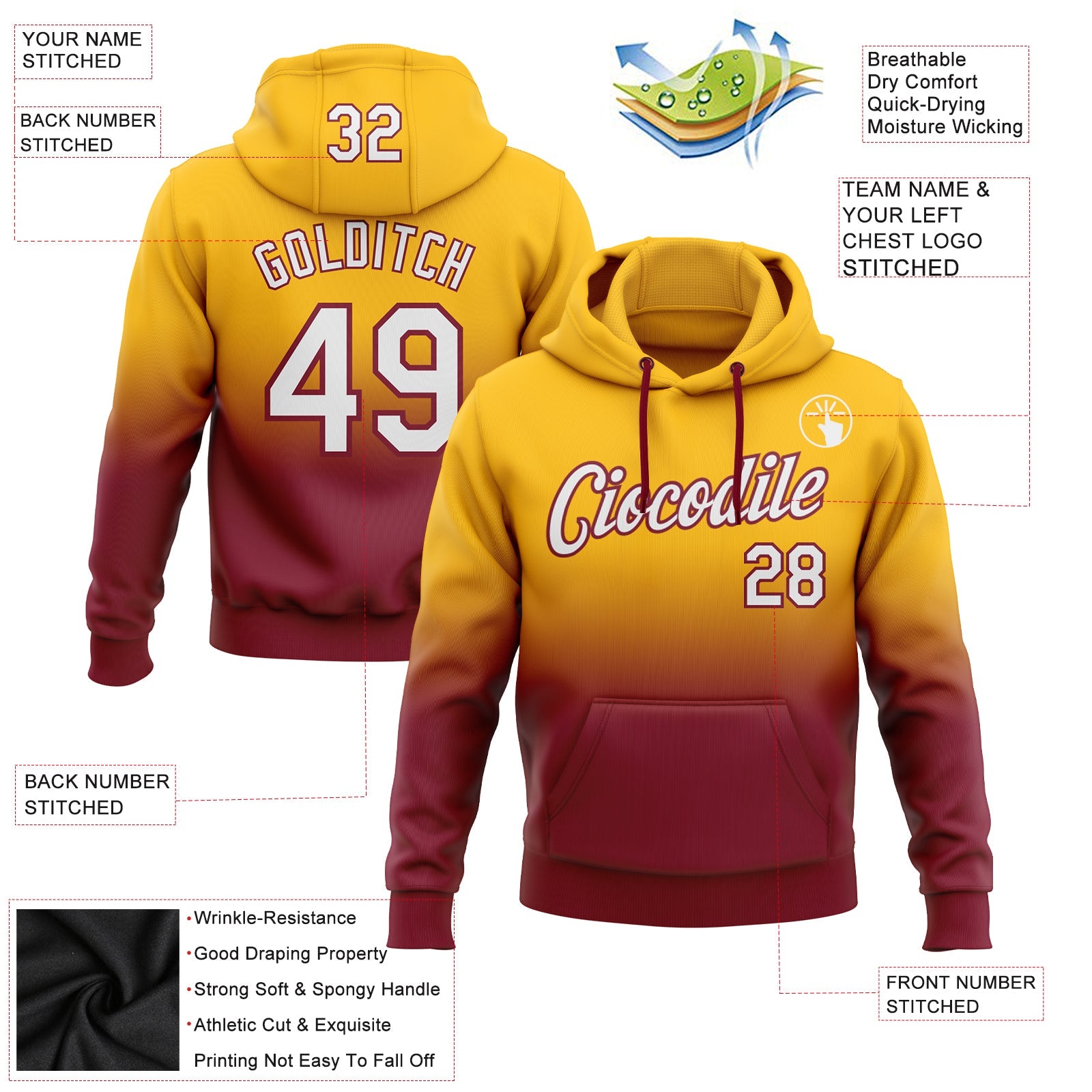 Custom Stitched Gold White-Crimson Fade Fashion Sports Pullover Sweatshirt Hoodie view 2