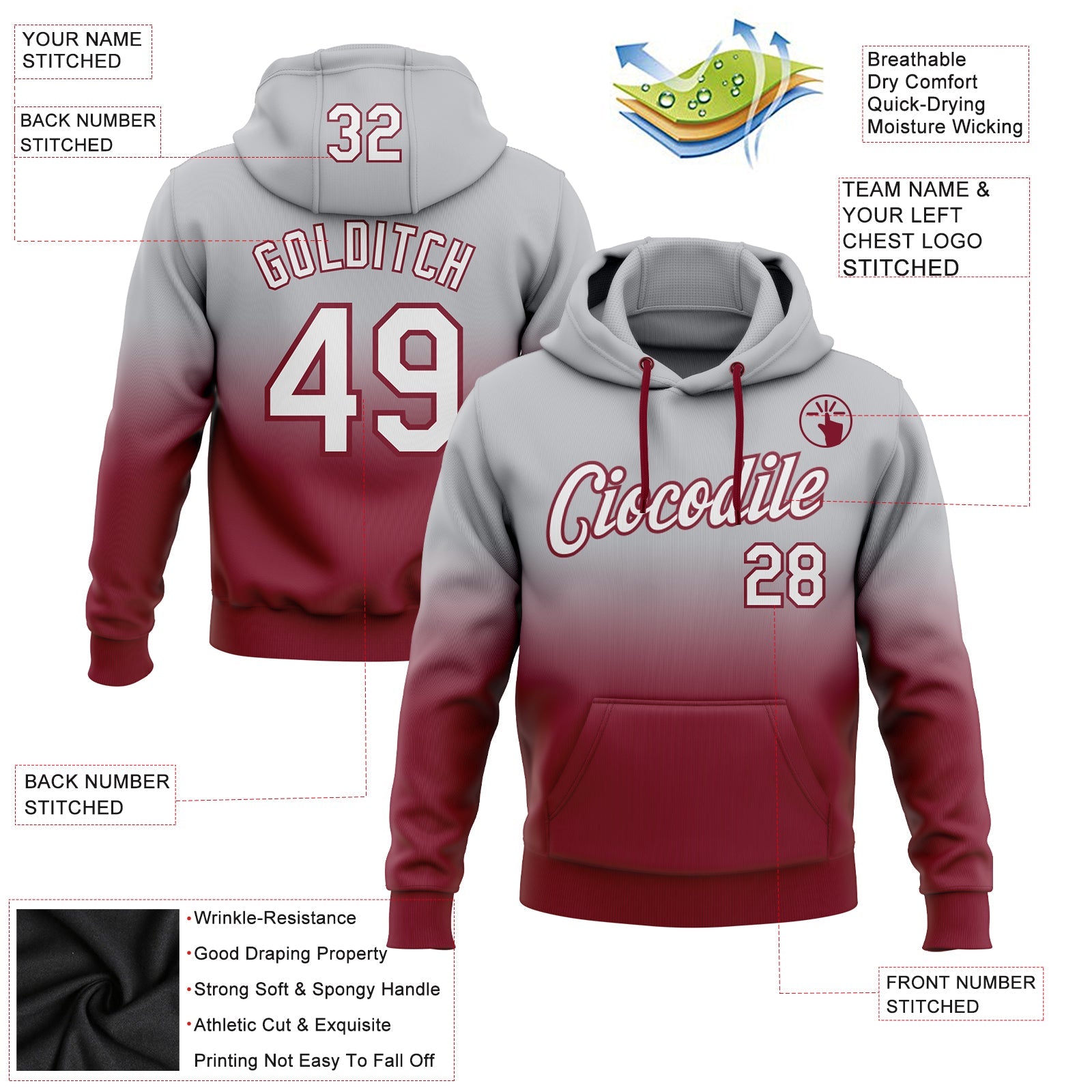Custom Stitched Gray White-Crimson Fade Fashion Sports Pullover Sweatshirt Hoodie view 2