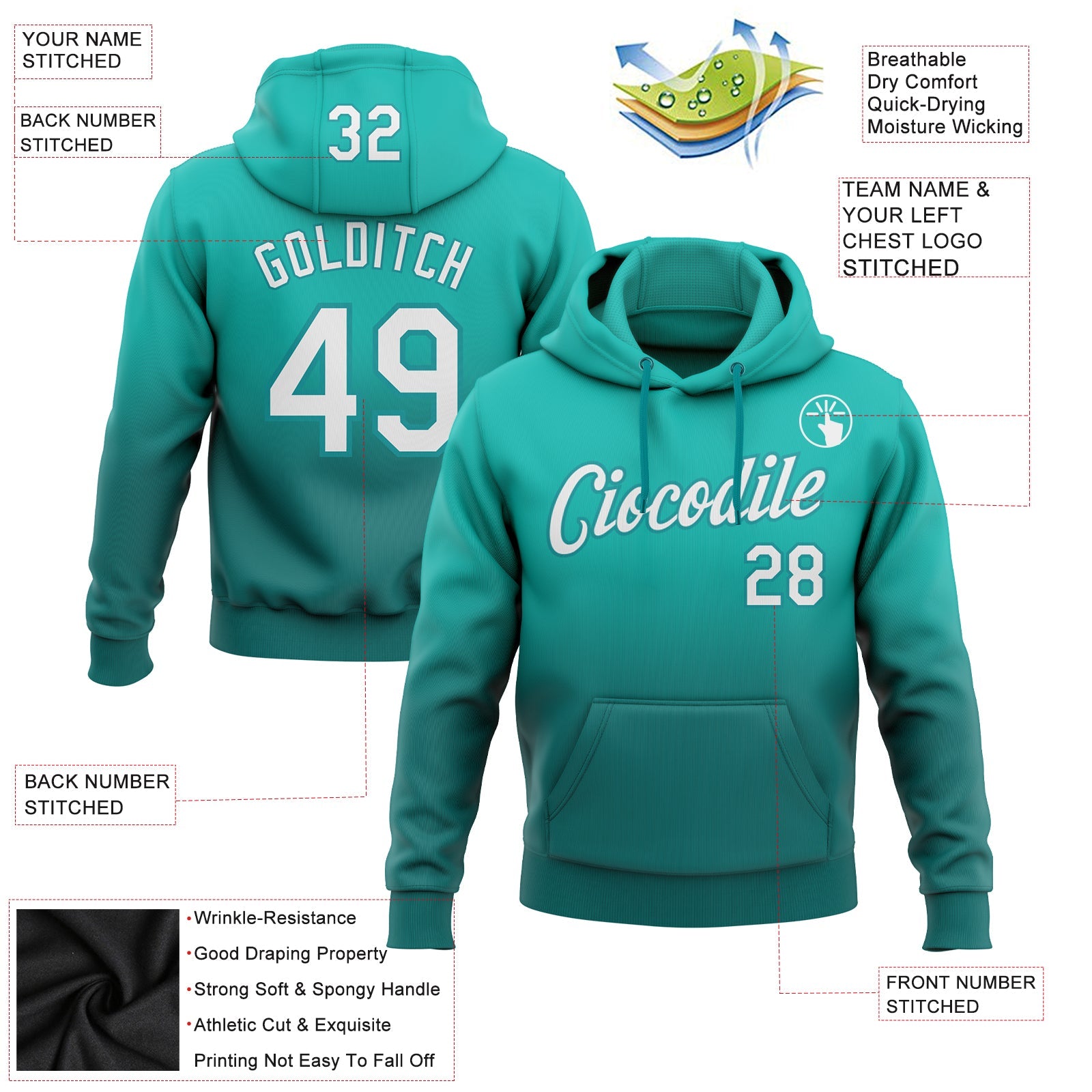 Custom Stitched Aqua White-Teal Fade Fashion Sports Pullover Sweatshirt Hoodie view 2
