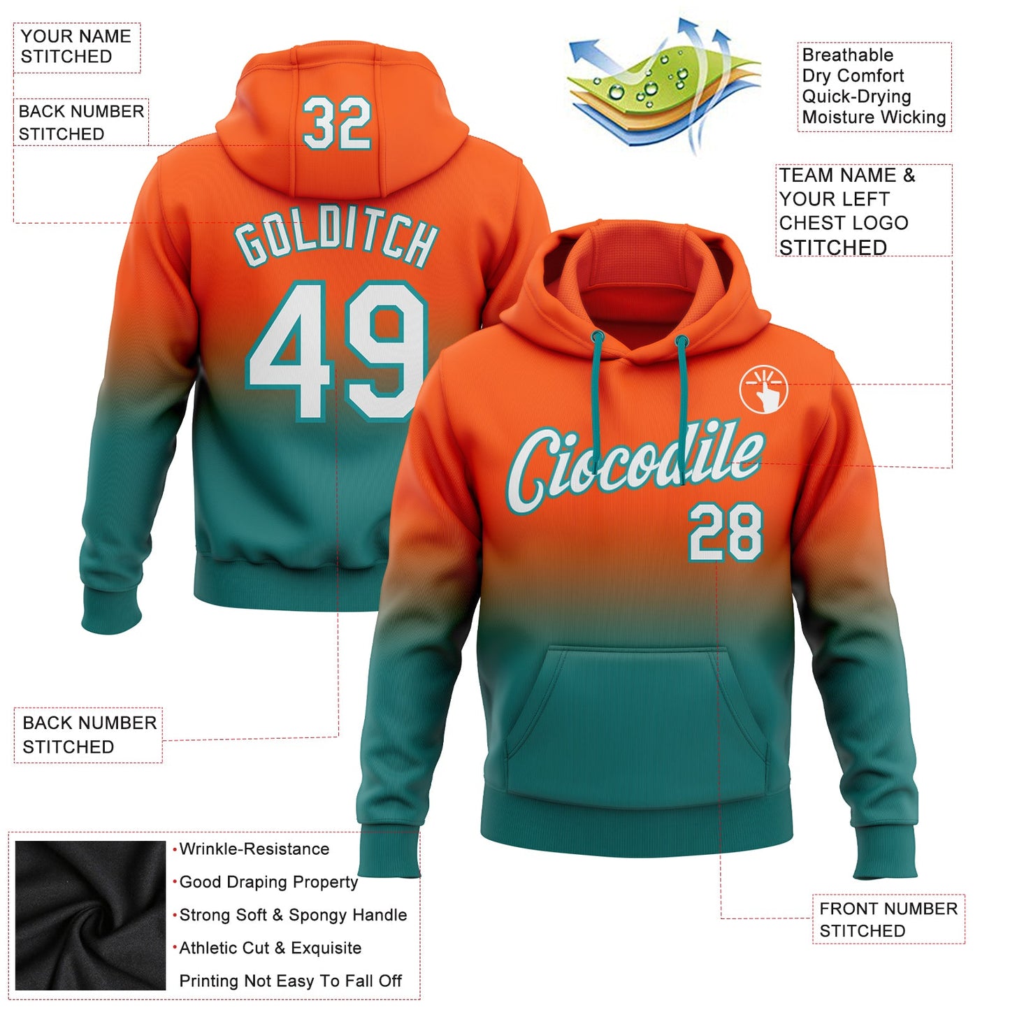 Custom Stitched Orange White-Teal Fade Fashion Sports Pullover Sweatshirt Hoodie view 2