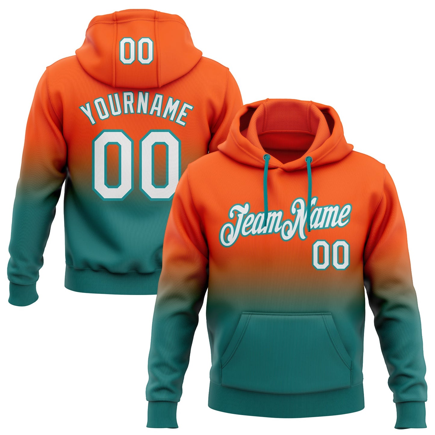 Custom Stitched Orange White-Teal Fade Fashion Sports Pullover Sweatshirt Hoodie - Main View