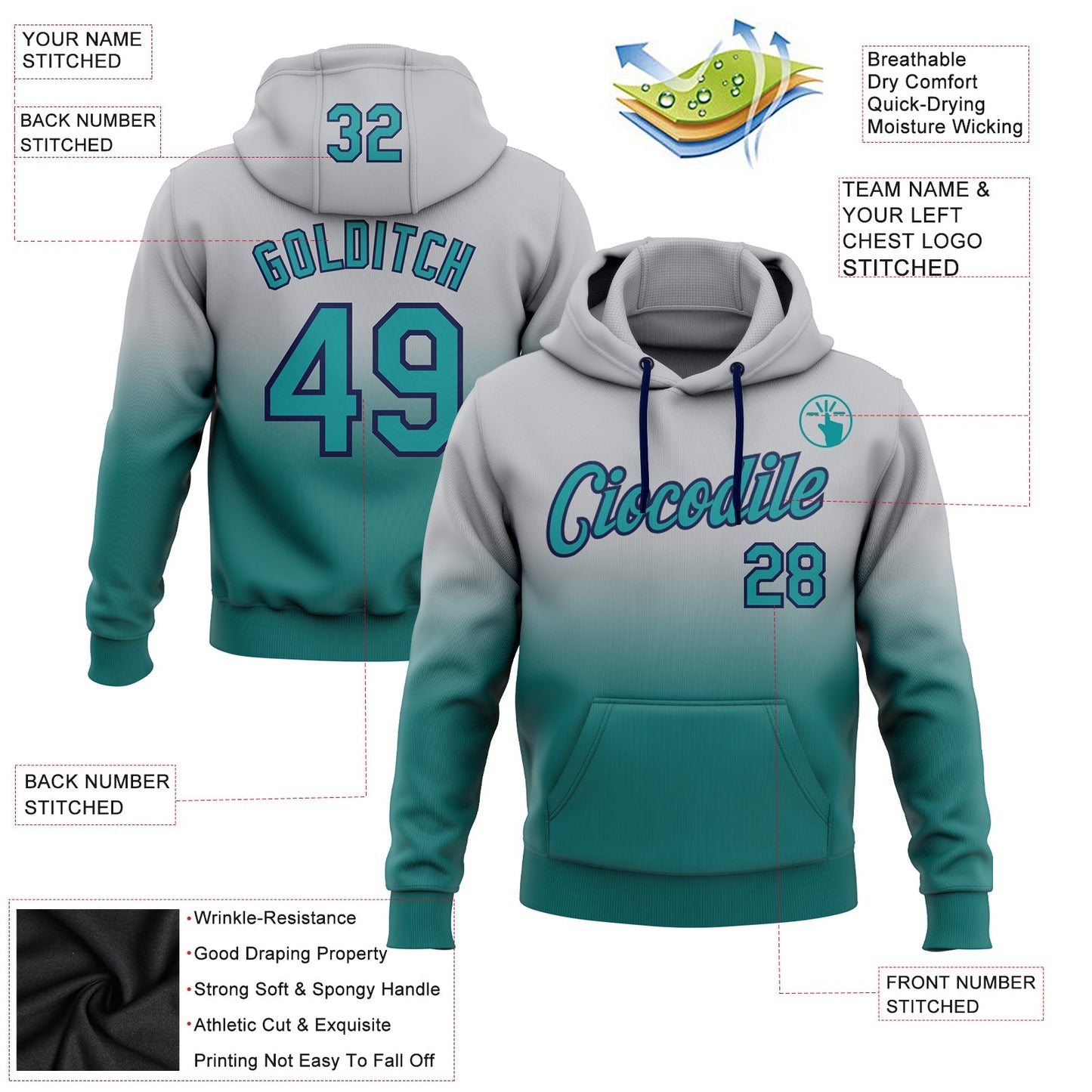 Custom Stitched Gray Teal-Navy Fade Fashion Sports Pullover Sweatshirt Hoodie view 2