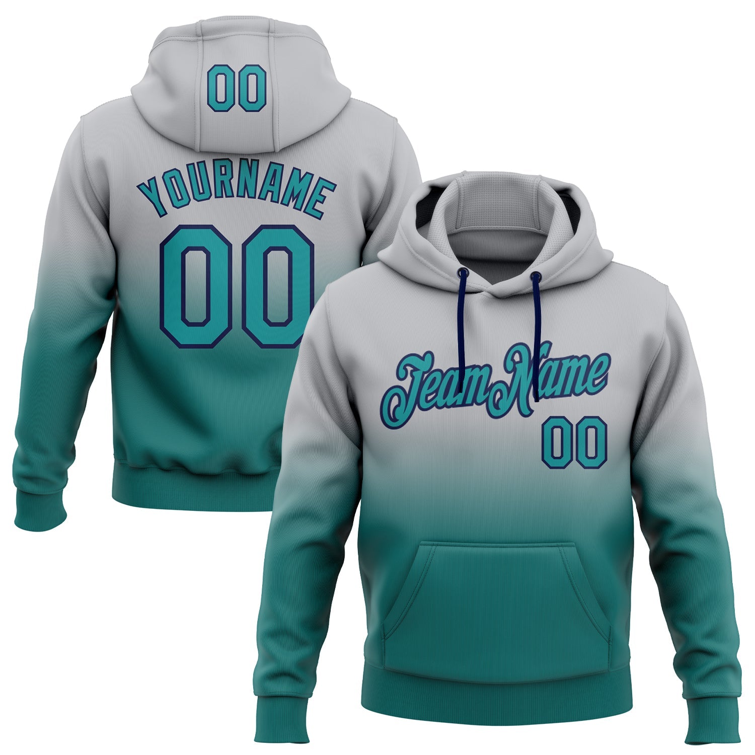 Custom Stitched Gray Teal-Navy Fade Fashion Sports Pullover Sweatshirt Hoodie - Main View