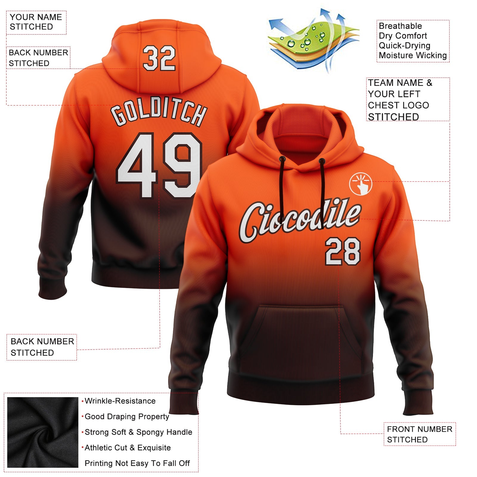 Custom Stitched Orange White-Brown Fade Fashion Sports Pullover Sweatshirt Hoodie view 2