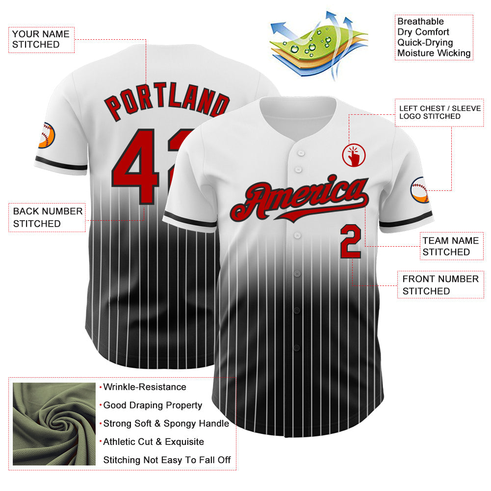 Custom White Pinstripe Red-Black Authentic Fade Fashion Baseball Jersey view 4