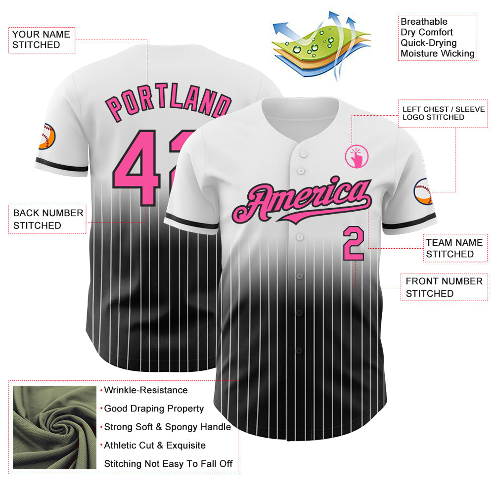 Custom White Pinstripe Pink-Black Authentic Fade Fashion Baseball Jersey view 4