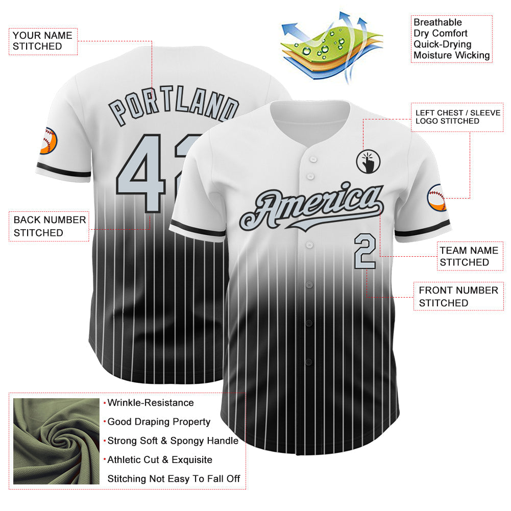 Custom White Pinstripe Silver-Black Authentic Fade Fashion Baseball Jersey view 4