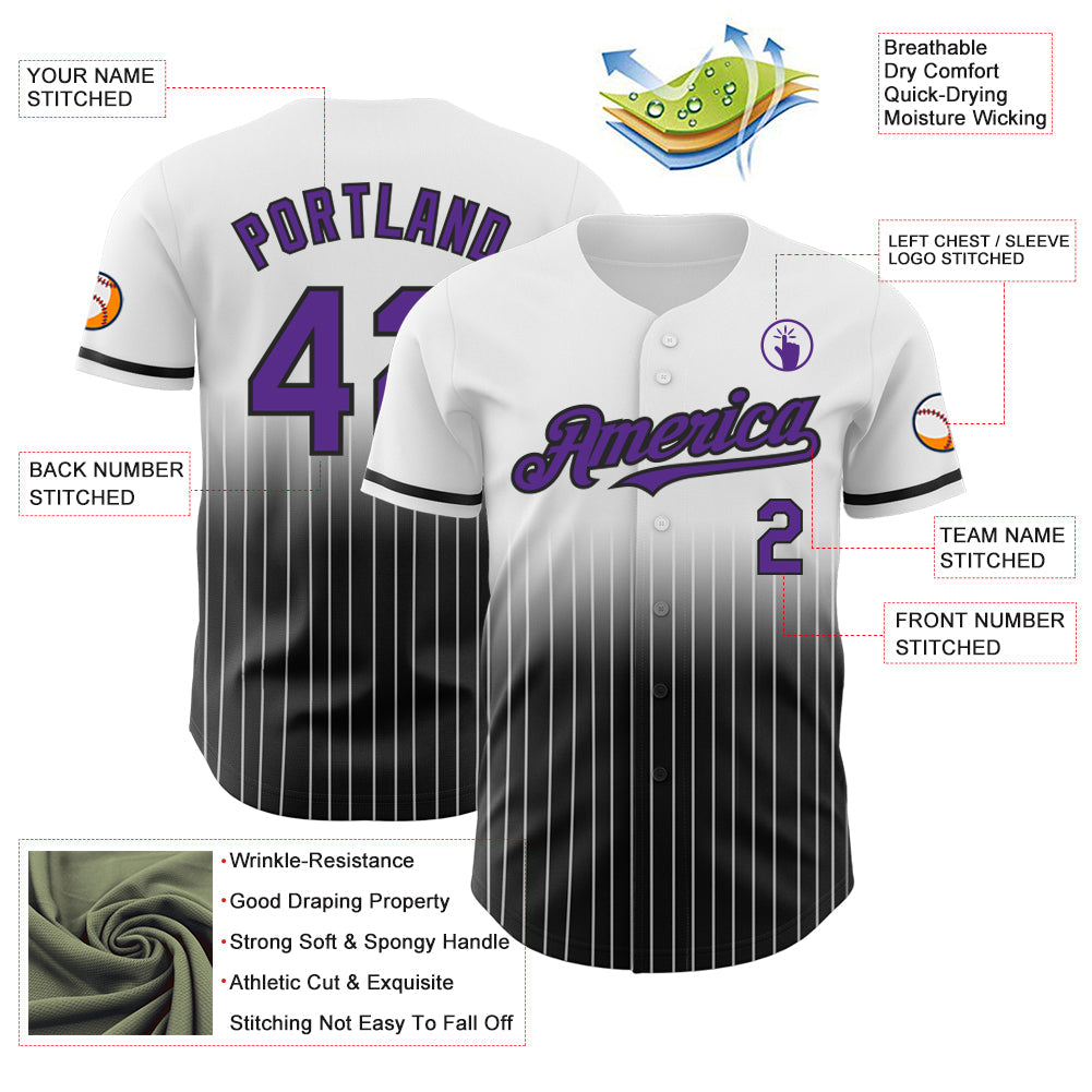 Custom White Pinstripe Purple-Black Authentic Fade Fashion Baseball Jersey view 4