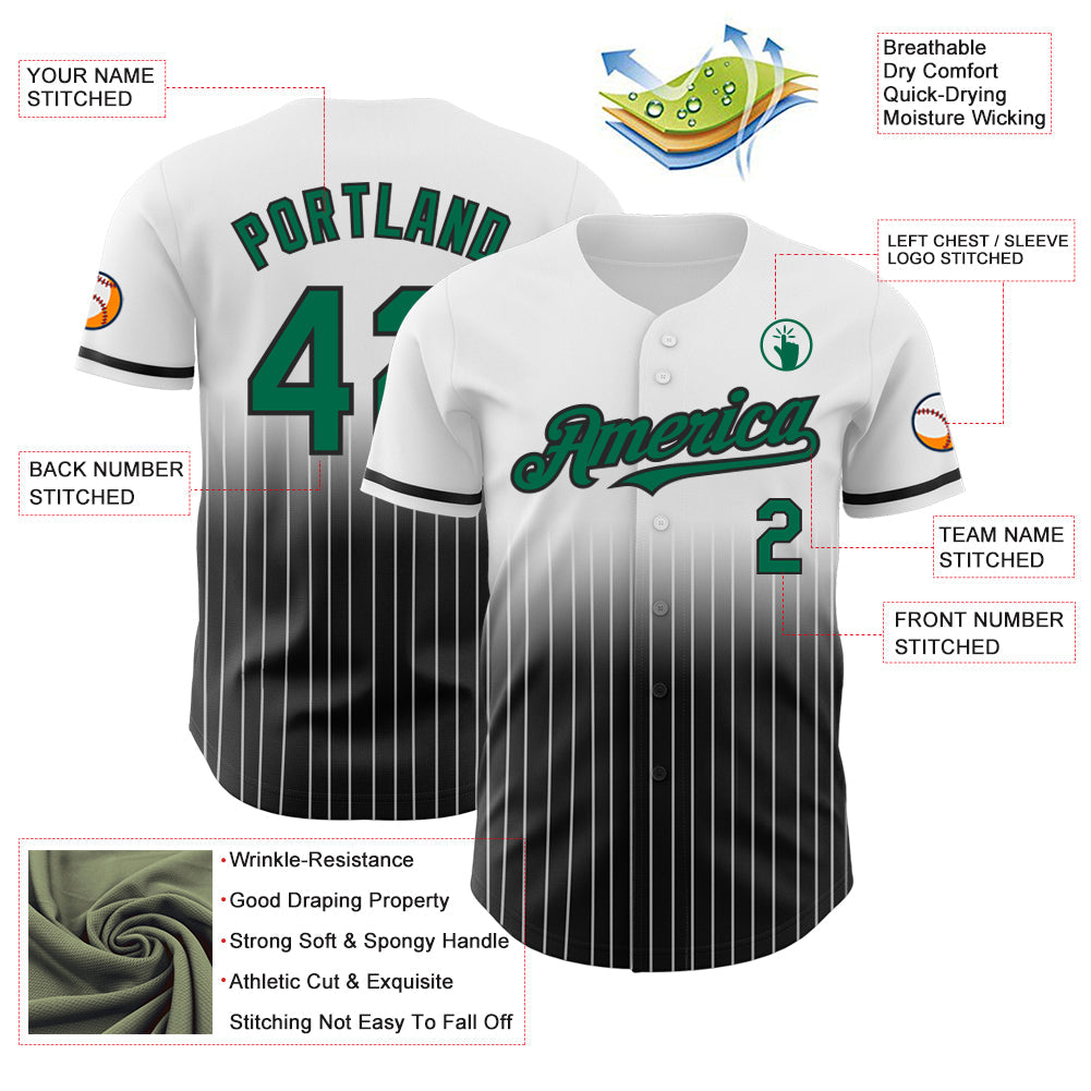 Custom White Pinstripe Kelly Green-Black Authentic Fade Fashion Baseball Jersey view 4