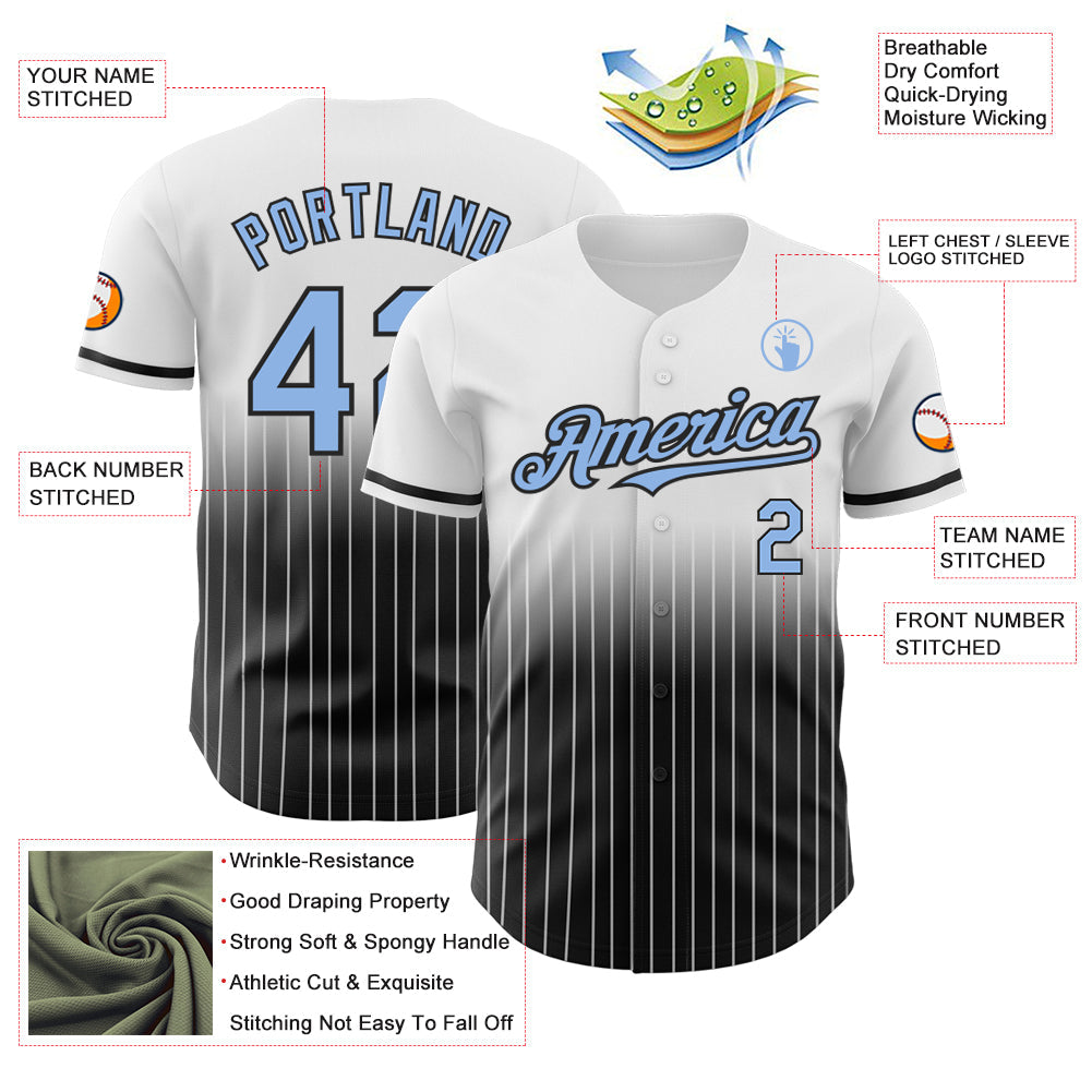Custom White Pinstripe Light Blue-Black Authentic Fade Fashion Baseball Jersey view 4