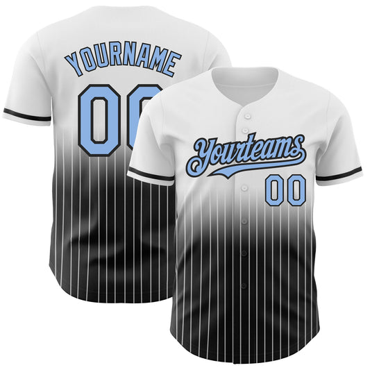 Custom White Pinstripe Light Blue-Black Authentic Fade Fashion Baseball Jersey - Main View