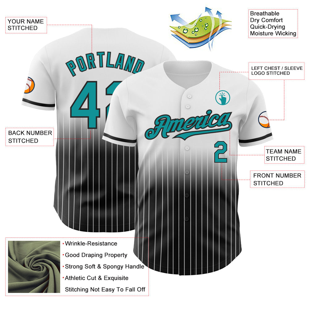 Custom White Pinstripe Teal-Black Authentic Fade Fashion Baseball Jersey view 4