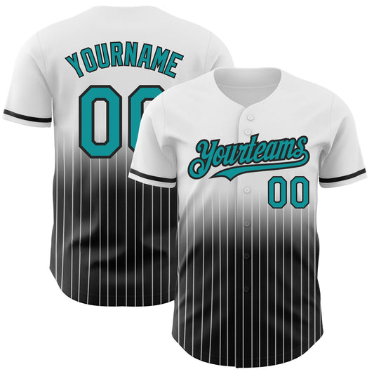 Custom White Pinstripe Teal-Black Authentic Fade Fashion Baseball Jersey - Main View