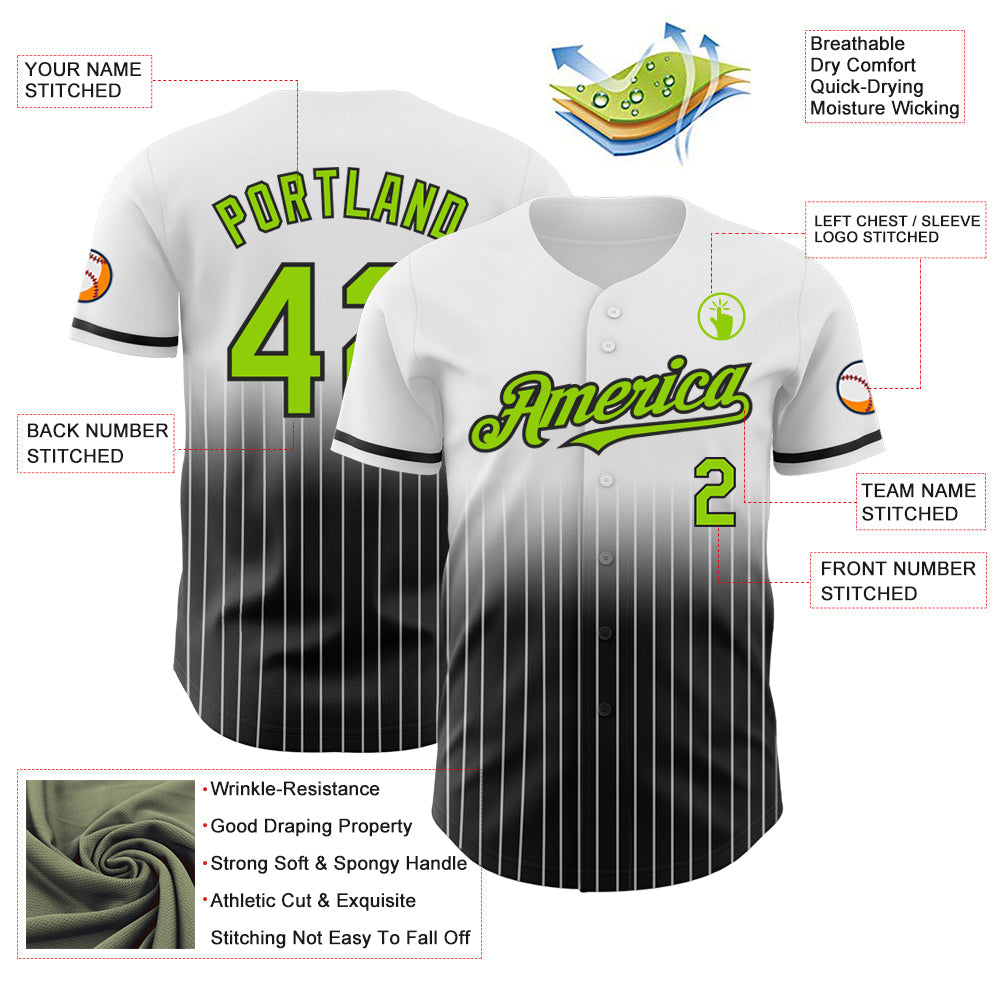 Custom White Pinstripe Neon Green-Black Authentic Fade Fashion Baseball Jersey view 4
