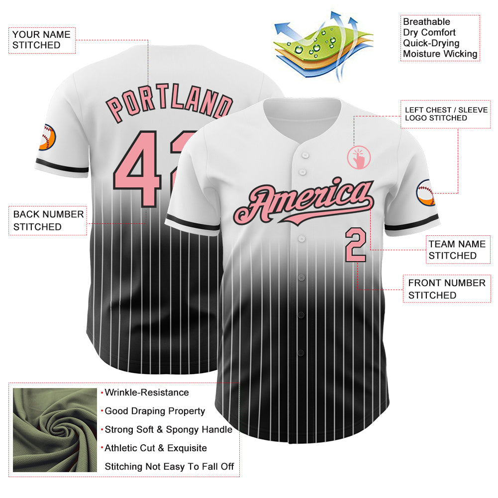 Custom White Pinstripe Medium Pink-Black Authentic Fade Fashion Baseball Jersey view 4