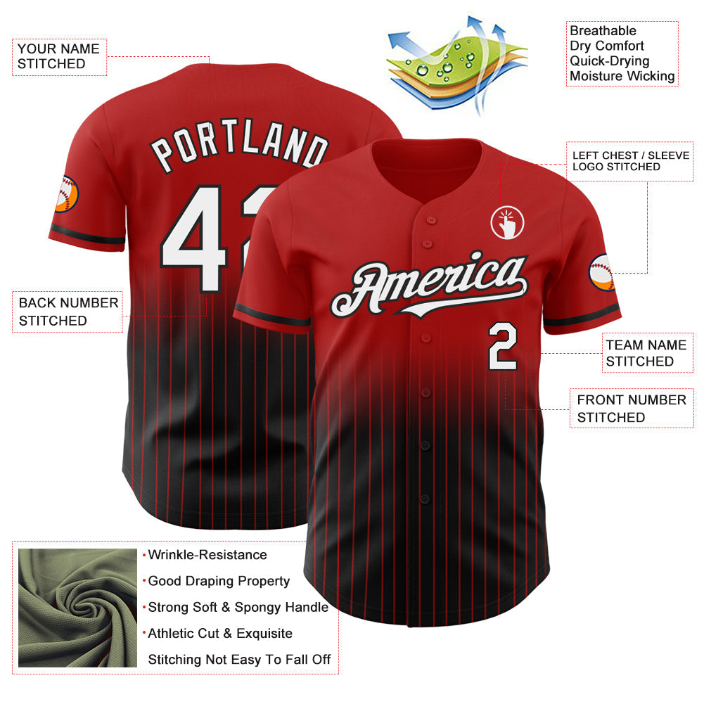 Custom Red Pinstripe White-Black Authentic Fade Fashion Baseball Jersey view 4