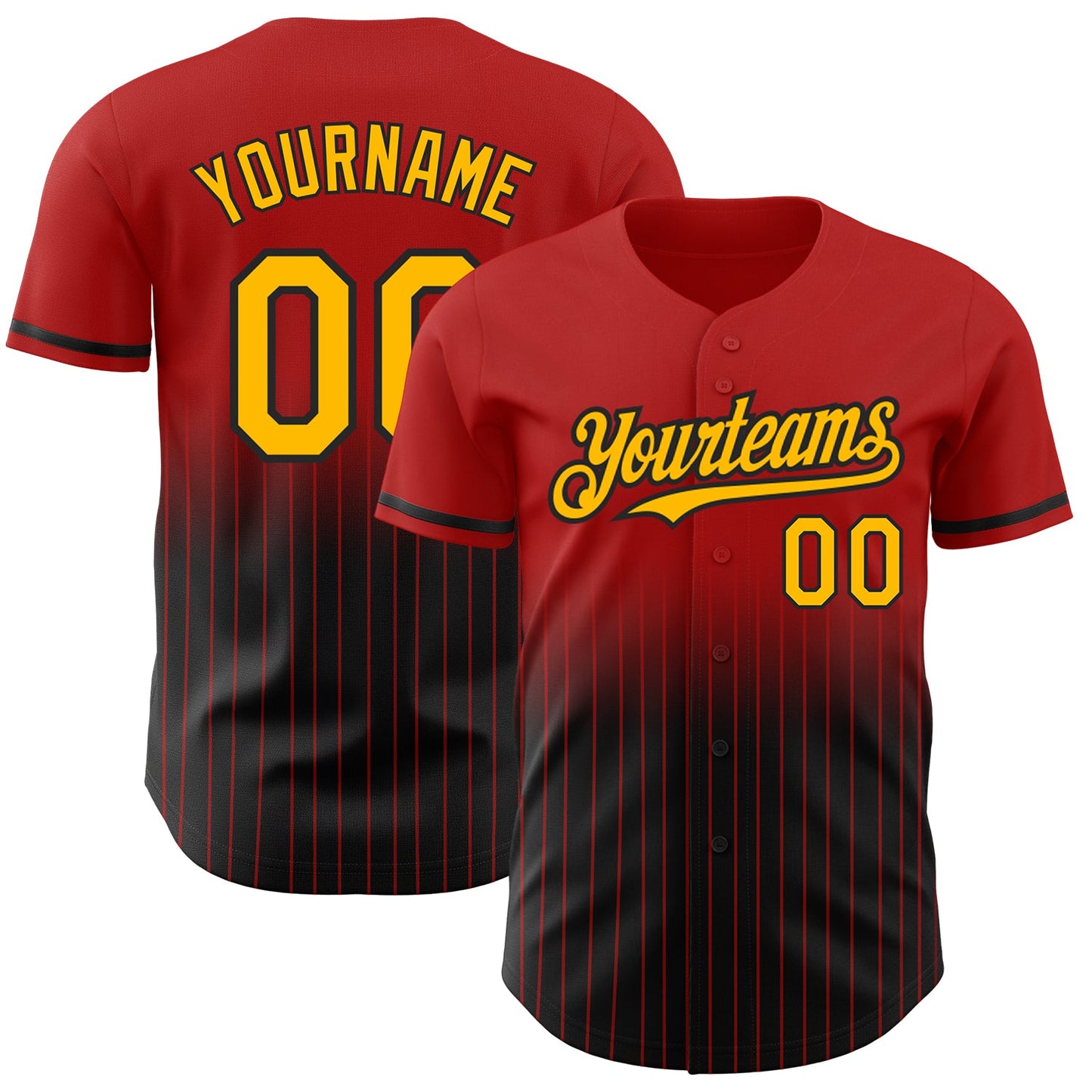 Custom Red Pinstripe Gold-Black Authentic Fade Fashion Baseball Jersey - Main View