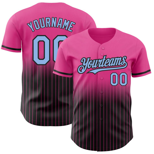 Custom Pink Pinstripe Light Blue-Black Authentic Fade Fashion Baseball Jersey - Main View