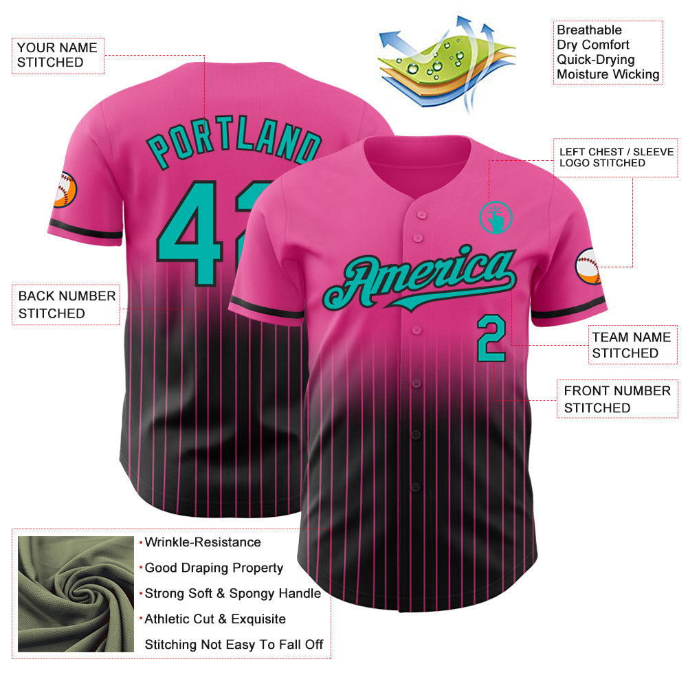 Custom Pink Pinstripe Aqua-Black Authentic Fade Fashion Baseball Jersey view 4