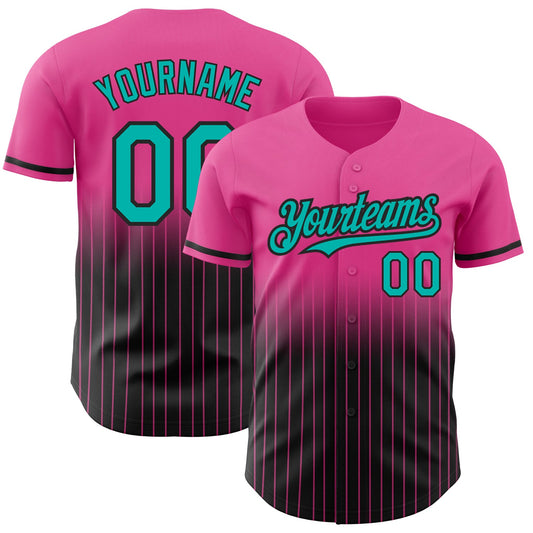 Custom Pink Pinstripe Aqua-Black Authentic Fade Fashion Baseball Jersey - Main View
