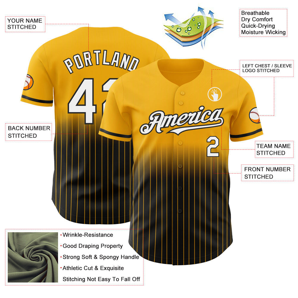 Custom Gold Pinstripe White-Black Authentic Fade Fashion Baseball Jersey view 4